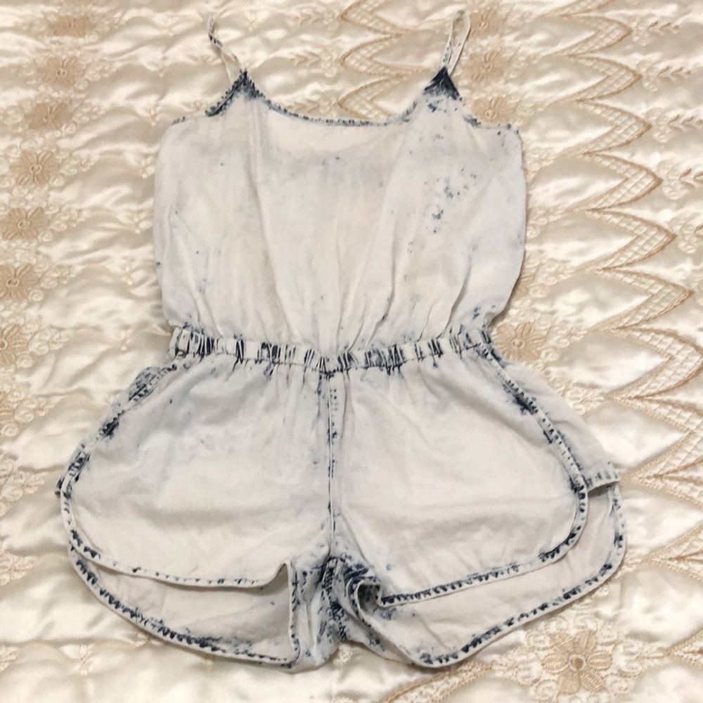 Indigo Rein Acid Wash Romper, Adjustable straps XS